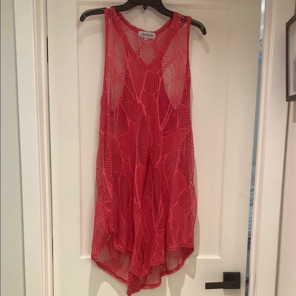 Pink Swim Coverup with Plunging Neckline and High-Low Hem